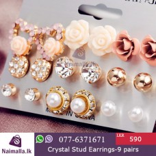 Crystal Stud Earrings-9 pairs